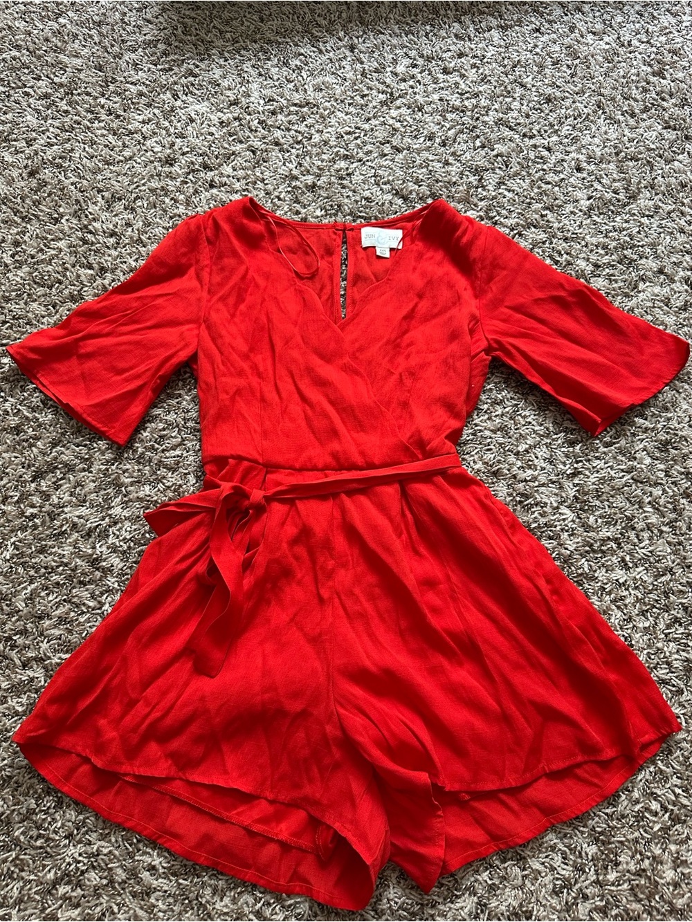 Jun & Ivy Bright Red V-Neck Tie Romper
